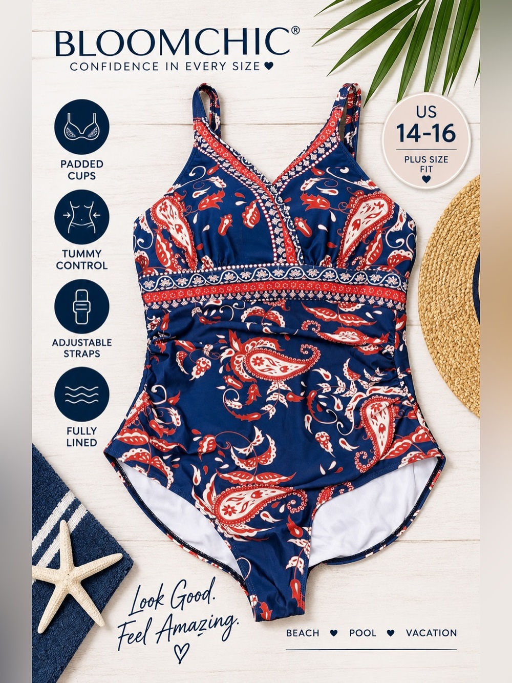 BloomChic Plus Size One Piece Swimsuit US 14-16 Navy Paisley Tummy Control
